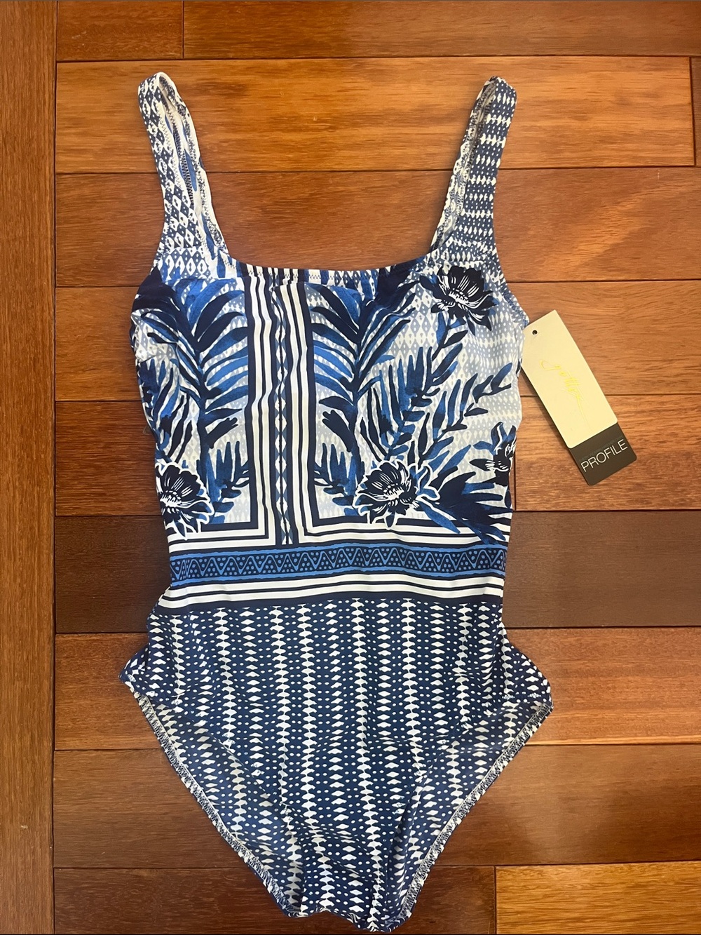 Profile By Gottex Navy and White Botanical Print One-Piece Swimsuit - Picture 1 of 2
